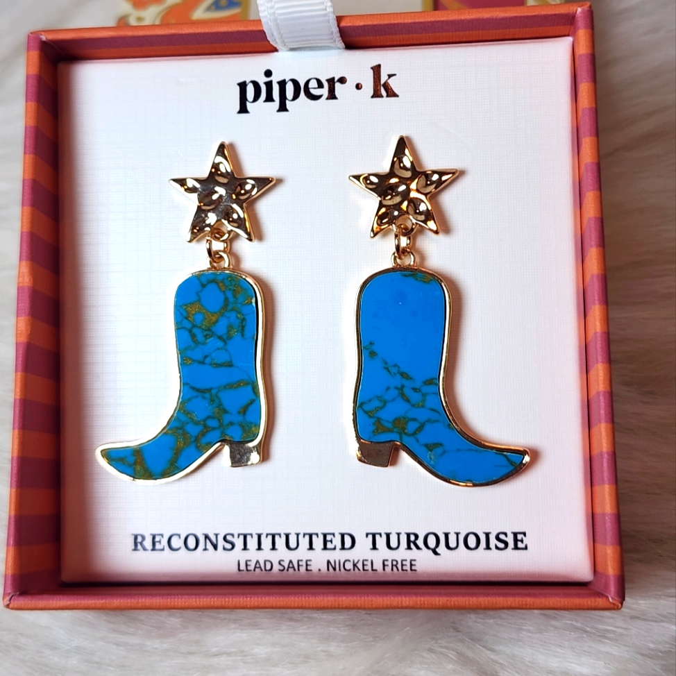 Piper K Blue Reconstituted Turquoise Gold Star Cowboy Boot Earrings 35$